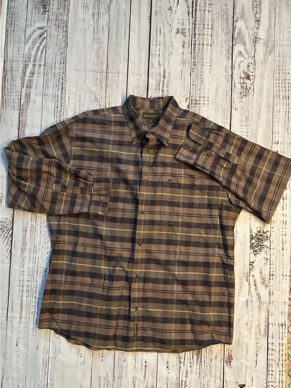 Timberland Men's Brown and Olive Plaid Short-Sleeve Button-Down Shirt